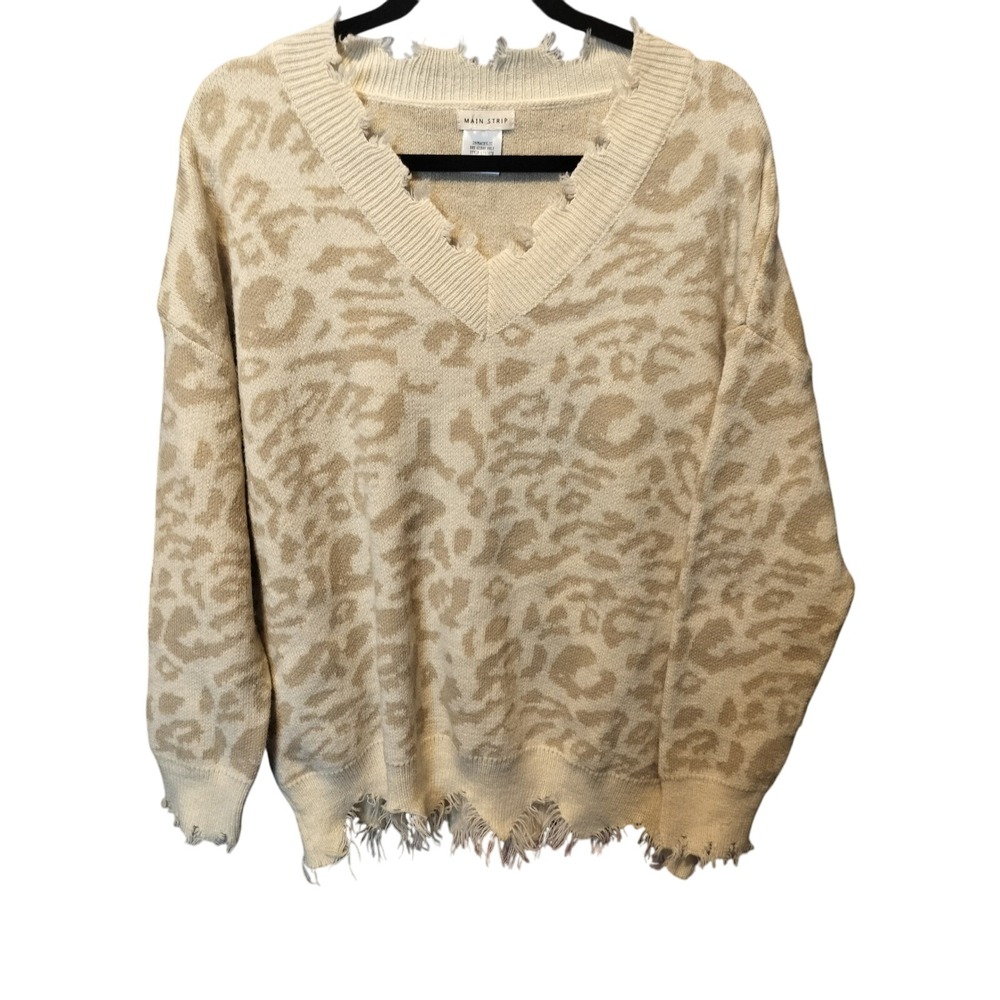 MAIN STRIP Leopard Print V Neck Sweater Distressed Frayed Cream Tan Womens